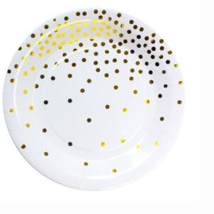 Talerzyki papierowe białe w złote kropki 7cali 6szt