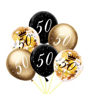Balon lateksowy z konfetti, złoty, czarny 50 urodziny- 6szt