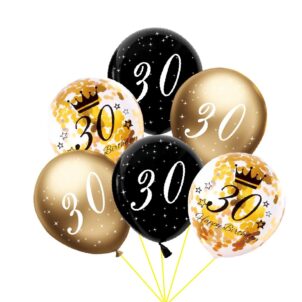 Balon lateksowy z konfetti, złoty, czarny 30 urodziny- 6szt