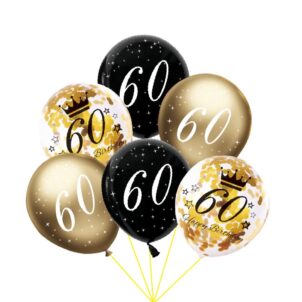 Balon lateksowy z konfetti, złoty, czarny 60 urodziny- 6szt