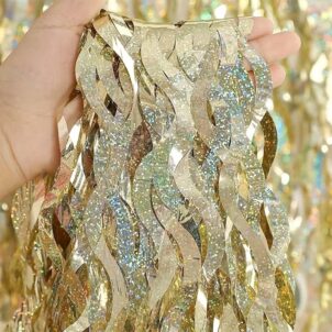 Kurtyna imprezowa paskowa szampański złoty, holograficzna fala 100x200cm
