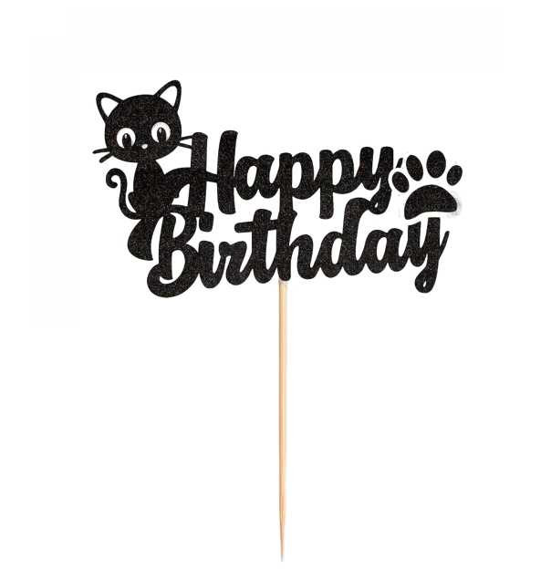 Topper na ciasto, tort Happy Birthday Kotek, błyszczący