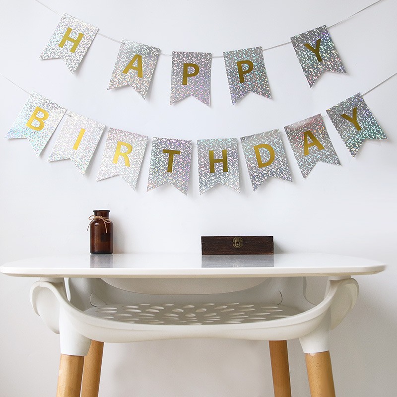 Baner srebrny Happy Birthday , srebrny holograficzny