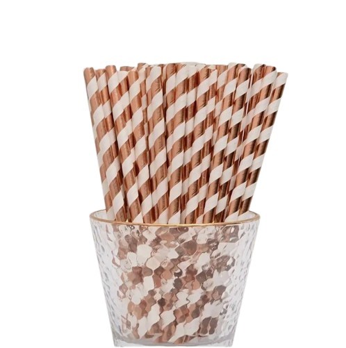 Słomki białe w rose gold paski gold 25szt