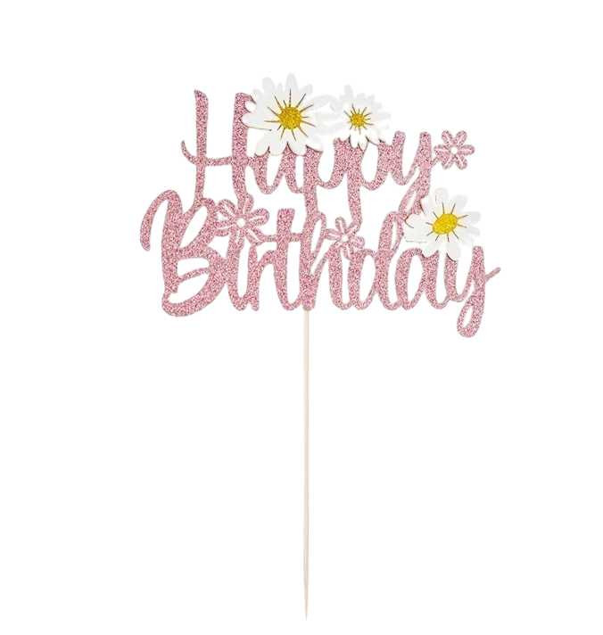 Topper na ciasto, tort Happy Birthday stokrotki, błyszczący