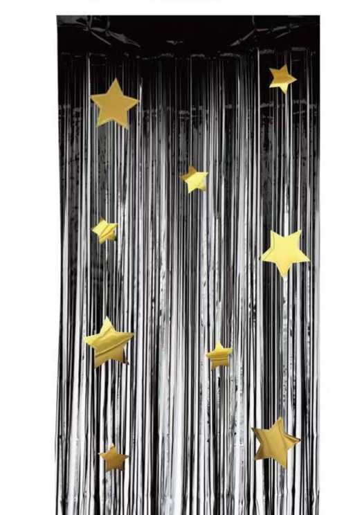 Kurtyna imprezowa paskowa czarna + gwiazdki złote 100x200cm