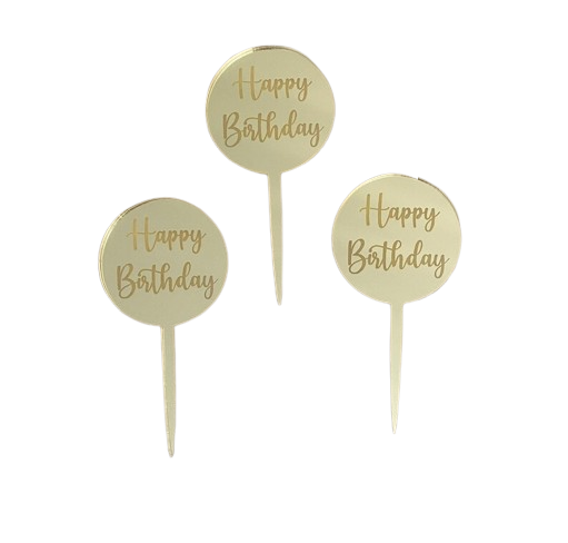 Topper na tort Happy Birthday okrągły złoty 5szt
