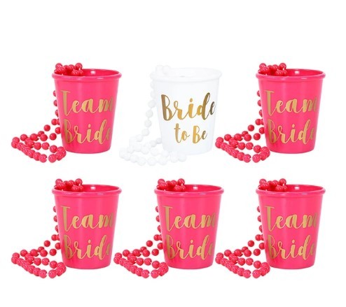 Kubeczki Bride To Be , Team Bride 6szt + łańcuszki ciemny róż
