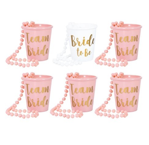 Kubeczki Bride To Be , Team Bride 6szt + łańcuszki jasny różowy