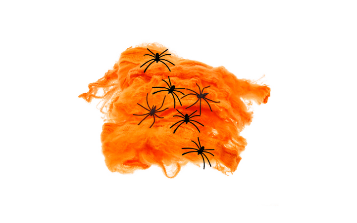 Pajęczyna Halloween pomarańczowa 60g, 6 pajaków girlanda