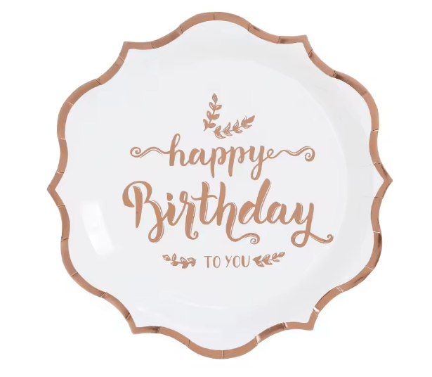 Talerzyki papierowe rose gold Happy Birthday ,10szt