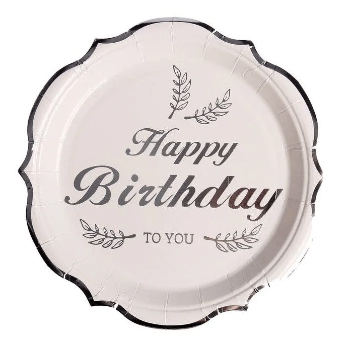 Talerzyki papierowe srebrne Happy Birthday ,10szt